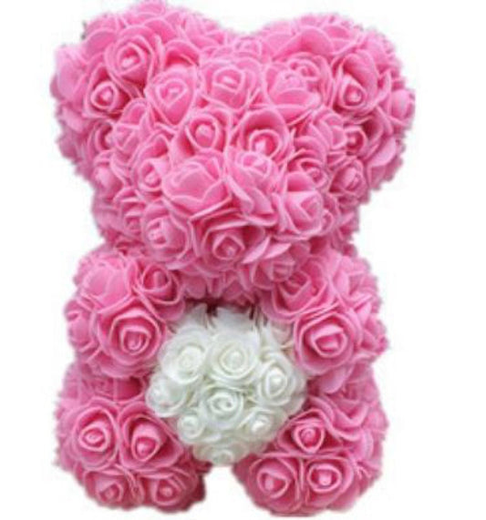 Rose Bear Teddy - Pink (White Heart)