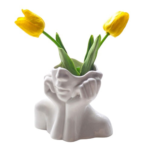 Female Form Face Ceramic Vase - White