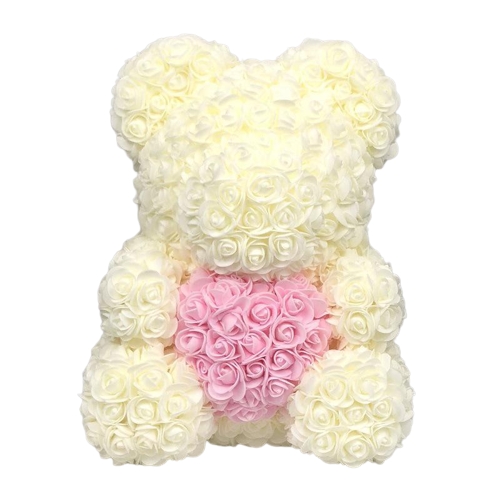 Rose Bear Teddy - White (Pink Heart)