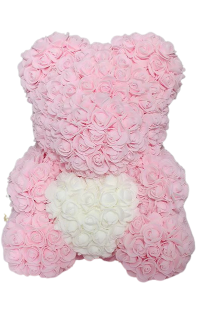 Rose Bear Teddy - Pink (White Heart)